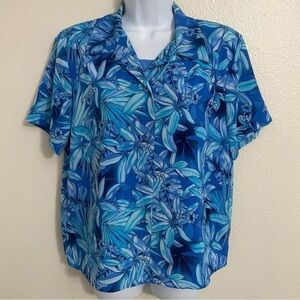 Vintage Blue Tropical Floral Hawaiian‎ Shirt M Petite Vacation Cruise Beach